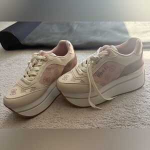 GUESS Pink and Cream Platform Lace-Up Sneakers